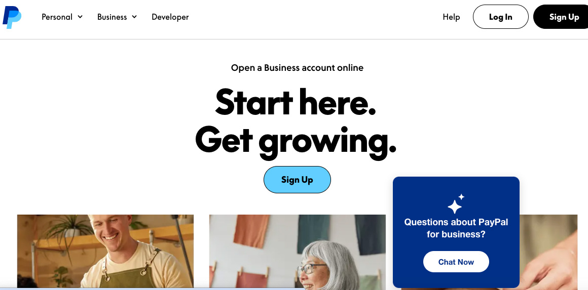 PayPal Business account sign-up screen