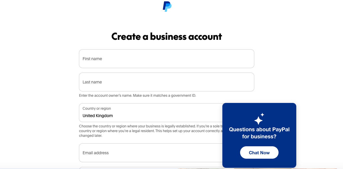 PayPal business information screen
