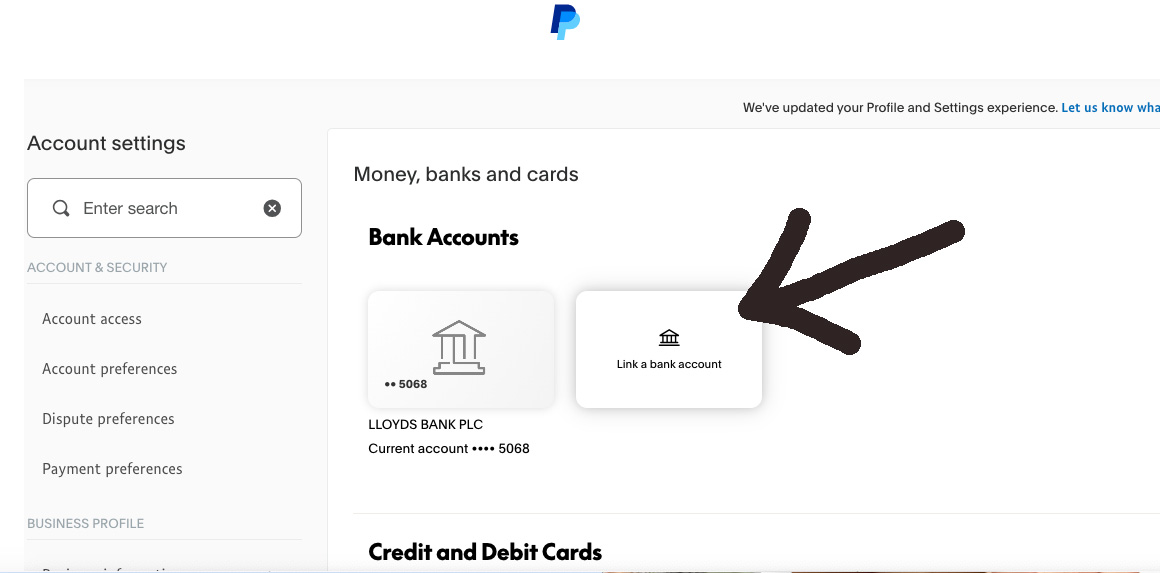 PayPal link a bank account screen
