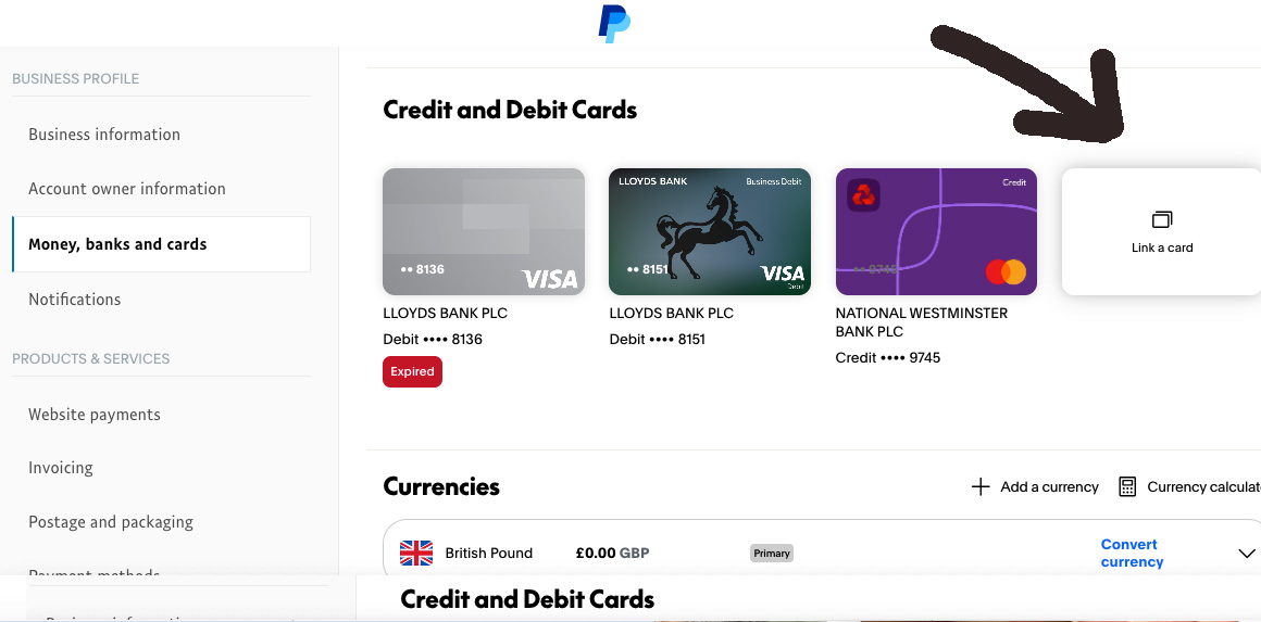 PayPal link a debit or credit card screen