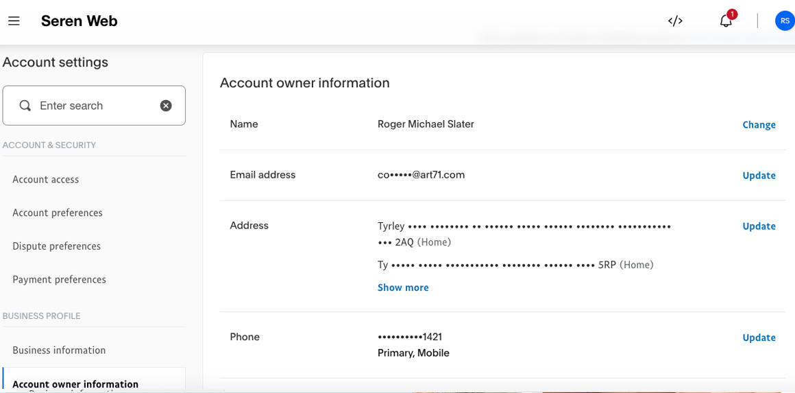 PayPal business profile settings